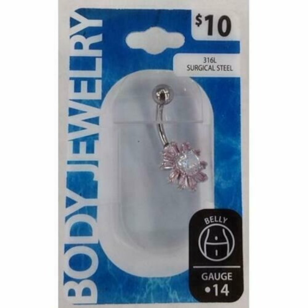 Body Jewelry 14G Cubic Zirconia Pink & White Flower Belly Banana